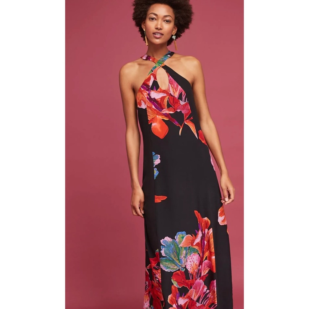 Maeve Anthropologie Cayman Silk Maxi Dress Womens Large Black Floral Resort